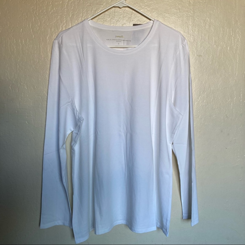 PURE J JILL White Stretch Pima Cotton Jersey Crew Neck Long Slv Tee Shirt Top XL